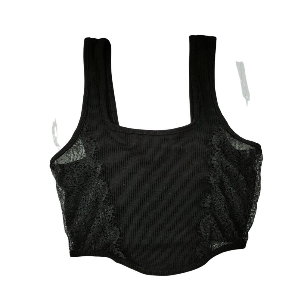 Bozzolo Black Ribbed Crop Top with Lace Detail Tank Athletic Bralette Size M